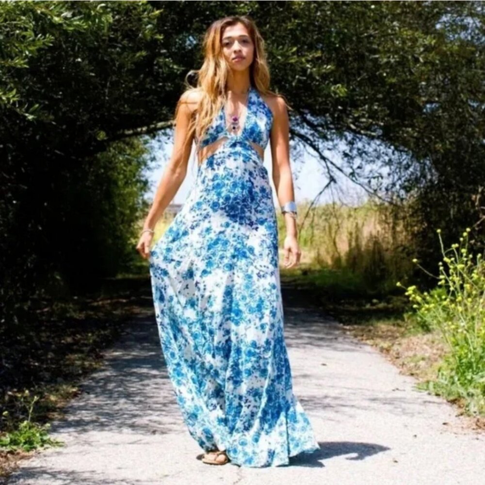 Raga Rose Cut Out Blue Floral Maxi Dress